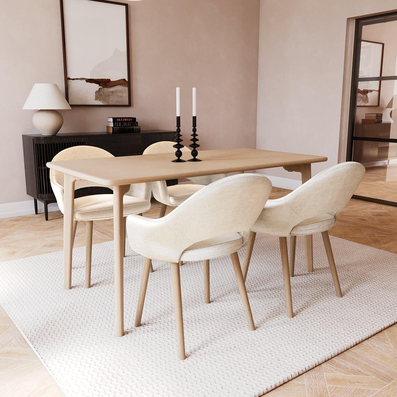 Rectangle Oak Dining Table with 4 Beige Fabric Dining Chairs Anders