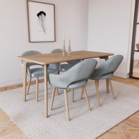 Rectangle Oak Dining Table with 4 Blue Herringbone Fabric Dining Chair - Anders