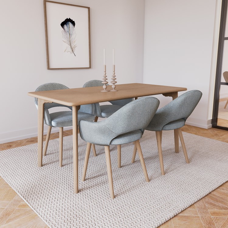 Rectangle Oak Dining Table with 4 Blue Herringbone Fabric Dining Chair - Anders
