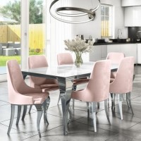 Mirrored 160cm Dining Table Set with White Glass Top & 6 Pink Velvet Chairs