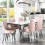Mirrored 160cm Dining Table Set with White Glass Top & 6 Pink Velvet Chairs