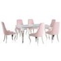 Mirrored 160cm Dining Table Set with White Glass Top & 6 Pink Velvet Chairs