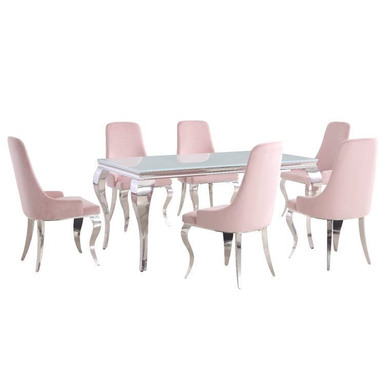 Mirrored 160cm Dining Table Set with White Glass Top & 6 Pink Velvet Chairs