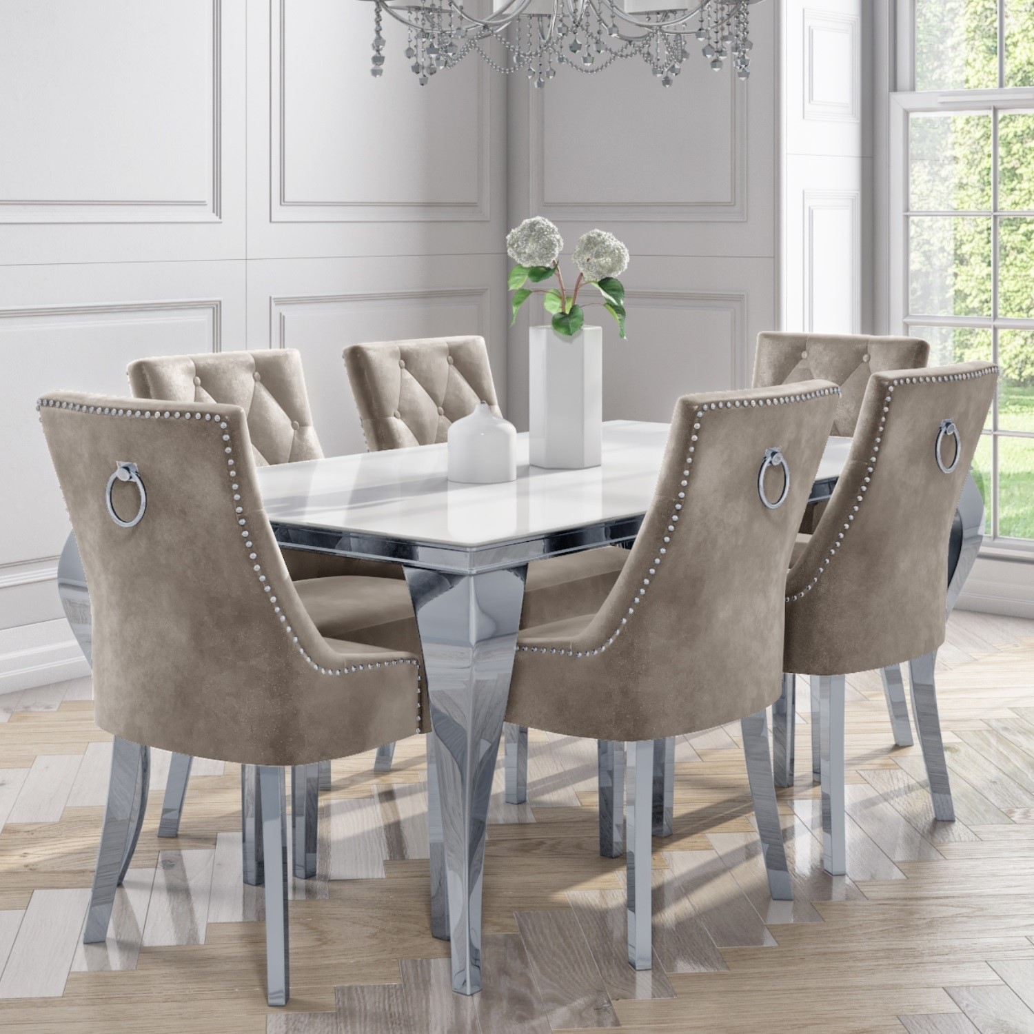Mirrored Dining Table With 6 Chairs In Mink Jade Boutique Buyitdirectie