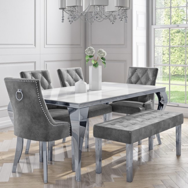 White Mirrored Dining Table with 4 Grey Velvet Chairs & 1 Bench - Louis