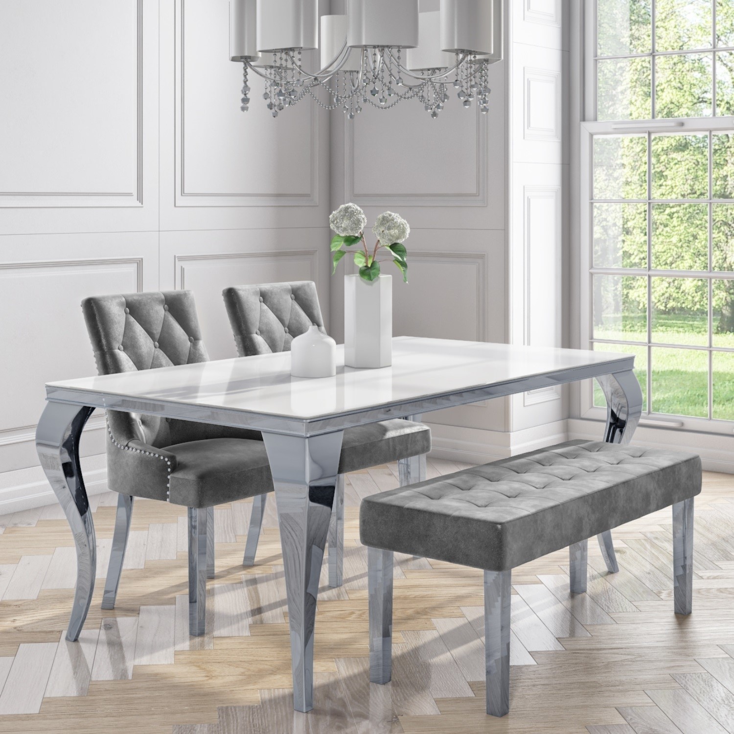White Mirrored Dining Table With 2 Chairs In Grey Velvet 1 Bench Louis Buyitdirect Ie