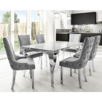 Angelica Mirrored Dining Table with 6 Dining Chairs in Grey Velvet