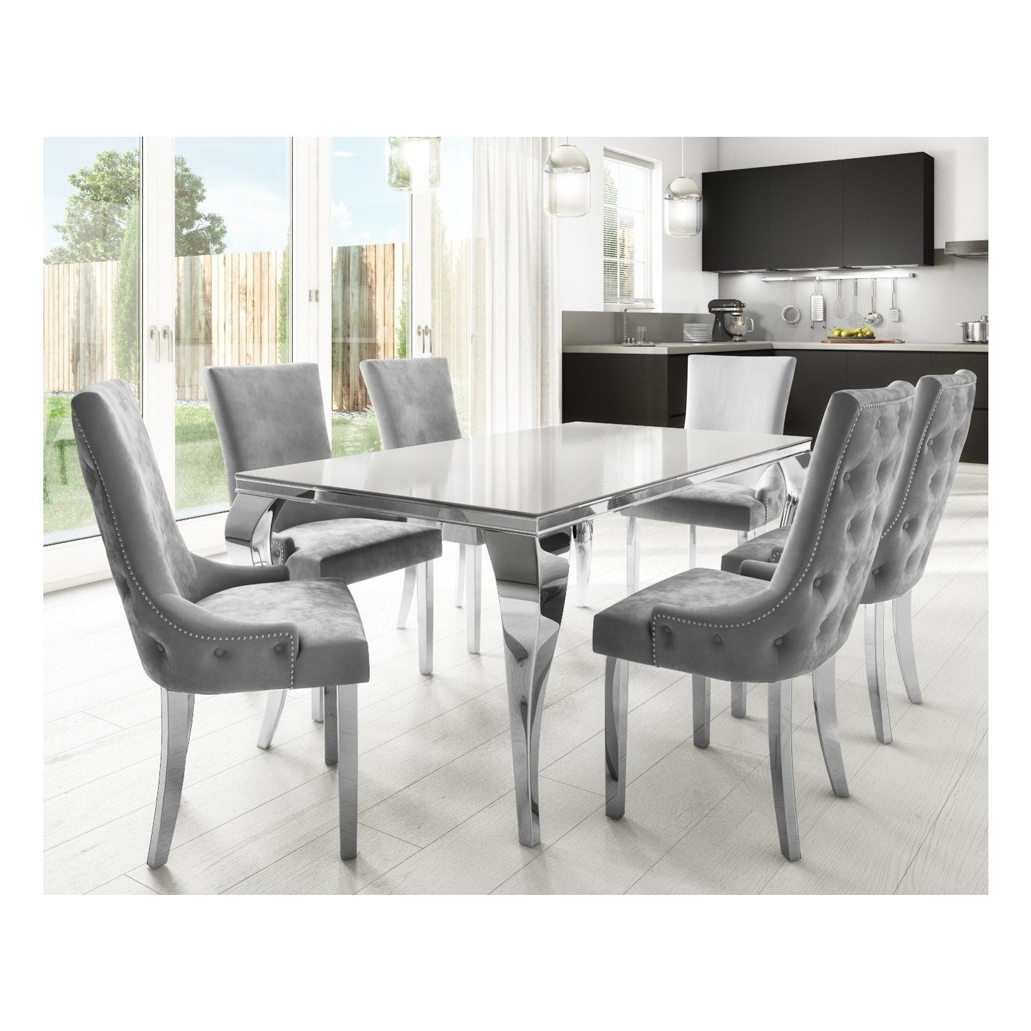Grey suede dining chairs sales and table