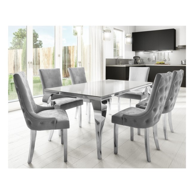 Angelica Mirrored Dining Table with 6 Dining Chairs in Grey Velvet