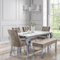 White and  Mirrored Dining Table with 4 Mink Velvet Knocker Back Dining Chairs and Bench - Jade Boutique