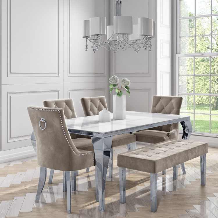 White and  Mirrored Dining Table with 4 Mink Velvet Knocker Back Dining Chairs and Bench - Jade Boutique