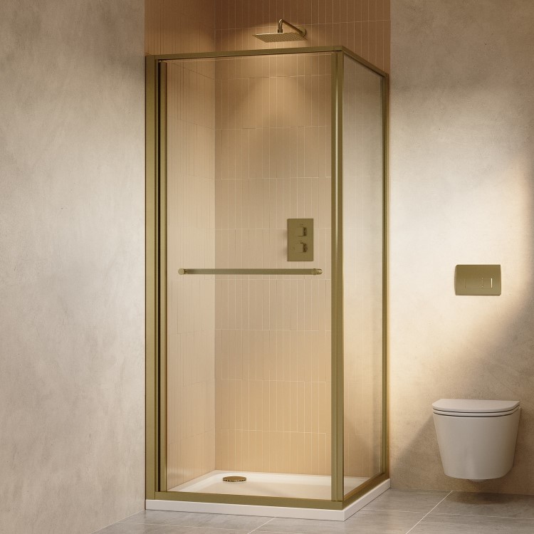 800x800mm Brushed Brass Square Sliding In-Fold Shower Enclosure 6mm Glass - Apollo