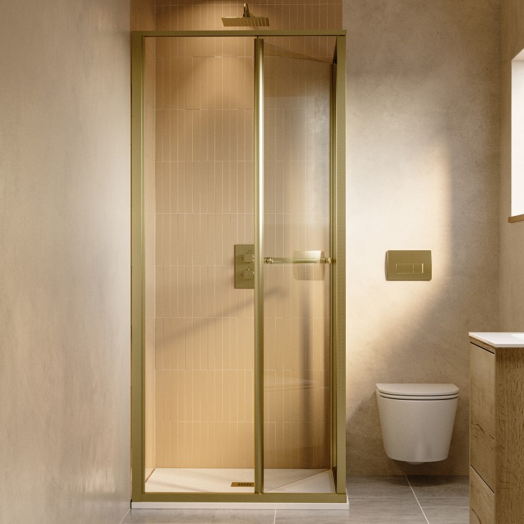 ONLY OPENED - 900x900mm Brushed Brass Square Sliding In-Fold Shower Enclosure 6mm Glass - Apollo