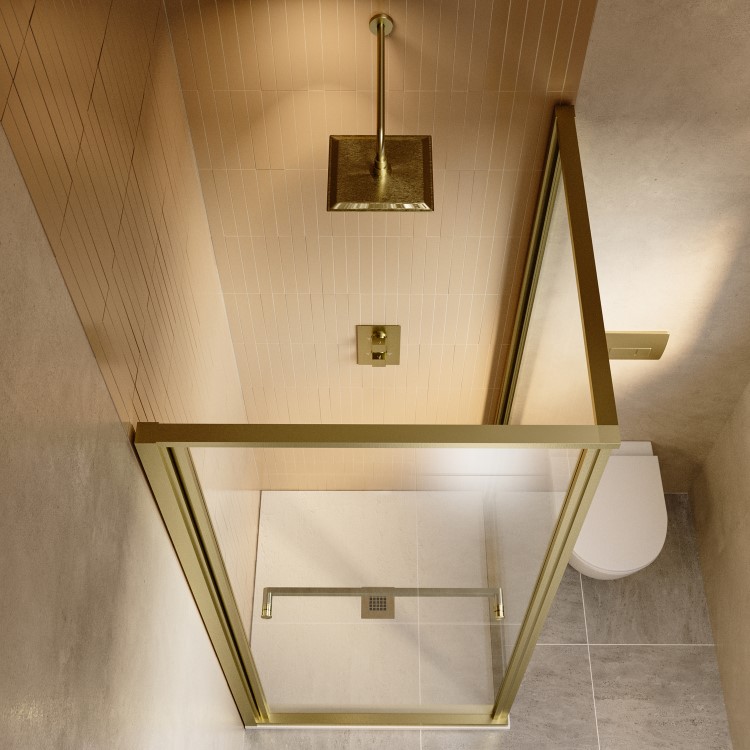 ONLY OPENED - 900x900mm Brushed Brass Square Sliding In-Fold Shower Enclosure 6mm Glass - Apollo