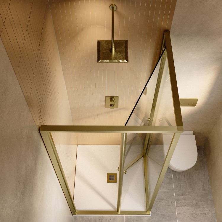 ONLY OPENED - 900x900mm Brushed Brass Square Sliding In-Fold Shower Enclosure 6mm Glass - Apollo