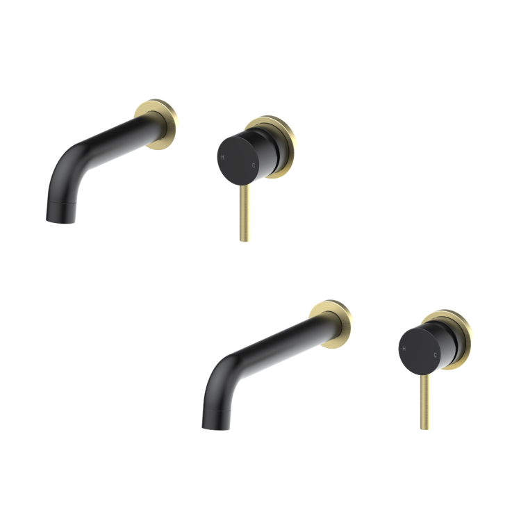 Grade A1 - 2 Tone Black and Brushed Brass Wall Mounted Basin and Bath Tap Pack - Arissa