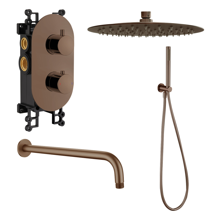 Brushed Bronze 2 Outlet Wall Mounted Thermostatic Mixer Shower Set with Hand Shower - Arissa