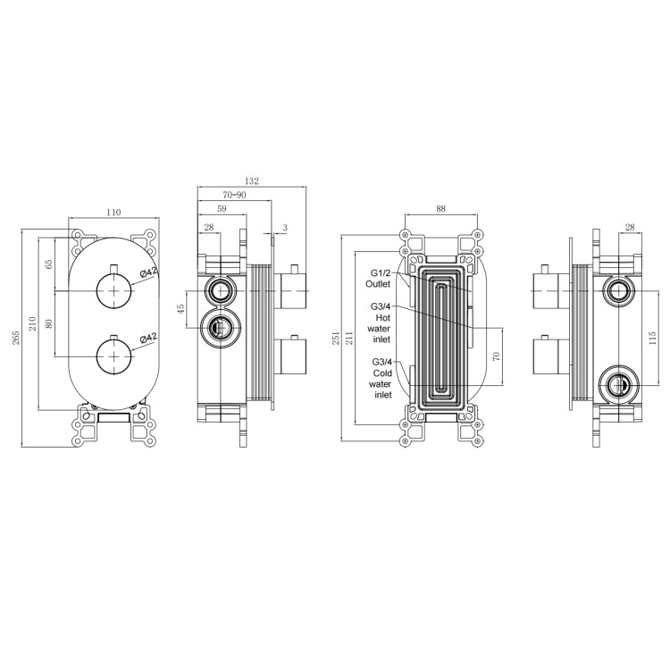 Brushed Bronze 2 Outlet Wall Mounted Thermostatic Mixer Shower Set with Hand Shower - Arissa