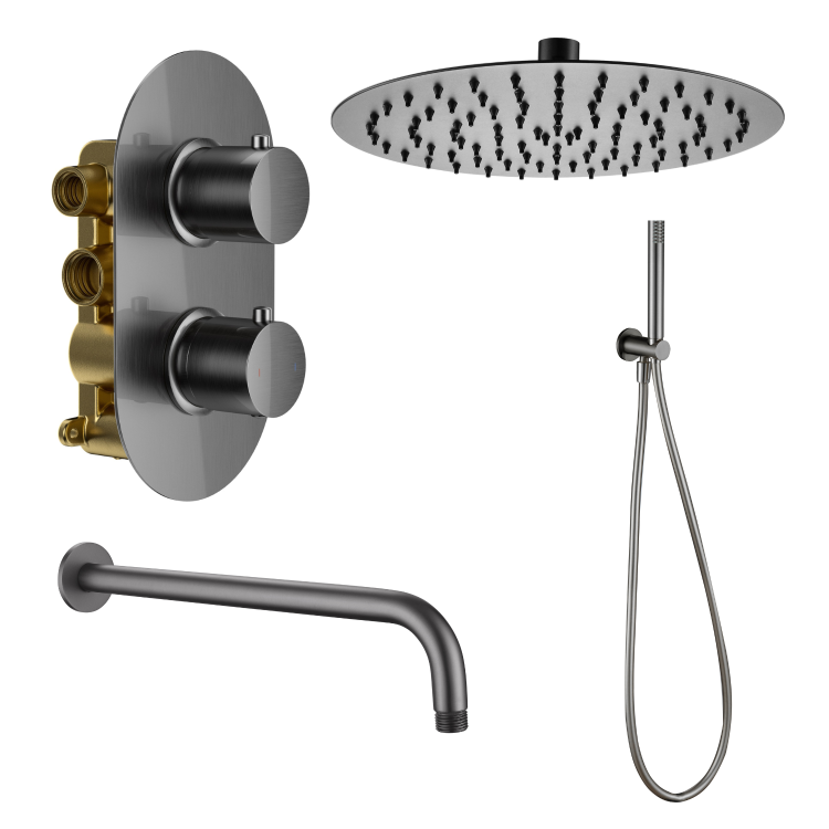 Gunmetal Grey 2 Outlet Wall Mounted Thermostatic Mixer Shower Set with Hand Shower - Arissa