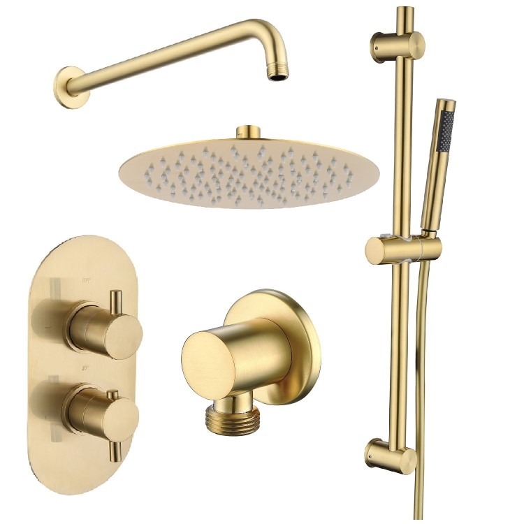 Brushed Brass 2 Outlet  Wall Mounted Thermostatic Mixer Shower Set with Hand Shower - Arissa