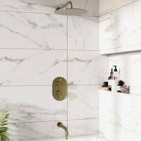 Brushed Brass 2 Outlet Thermostatic Bath Mixer Shower Set With 250mm Wall Mounted Shower Head and Bath Filler Spout - Arissa