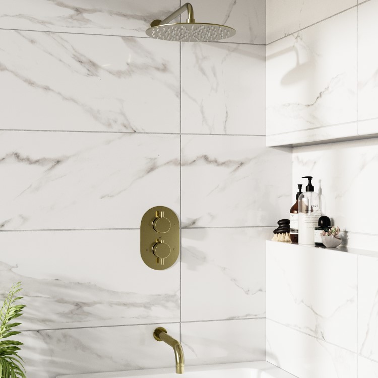 Brushed Brass 2 Outlet Concealed Thermostatic Shower Valve with Dual Control - Arissa