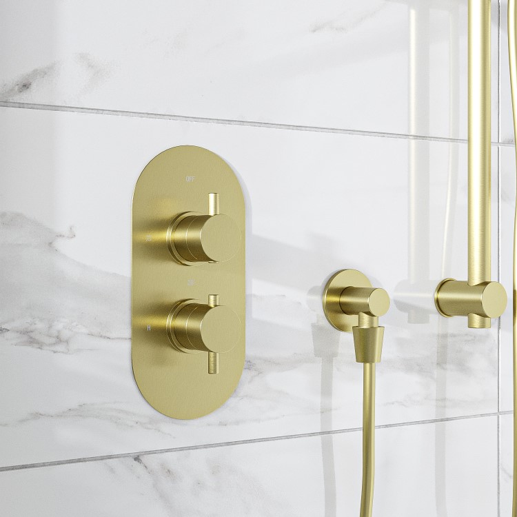 Brushed Brass 2 Outlet Concealed Thermostatic Shower Valve with Dual Control - Arissa