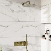 Brushed Brass 2 Outlet Thermostatic Mixer Shower Set With 250mm Wall Mounted Shower Head and Hand Shower - Arissa Brushed Brass 2 Outlet Thermostatic Mixer Shower Set With 250mm Wall Mounted Shower Head and Hand Shower - Arissa