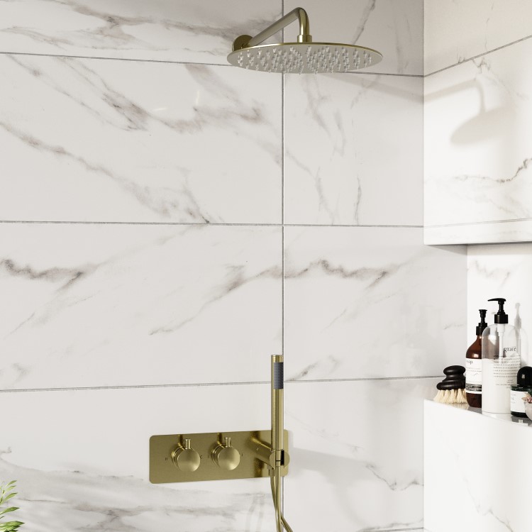 Brushed Brass 2 Outlet Thermostatic Mixer Shower Set With 250mm Wall Mounted Shower Head and Hand Shower - Arissa