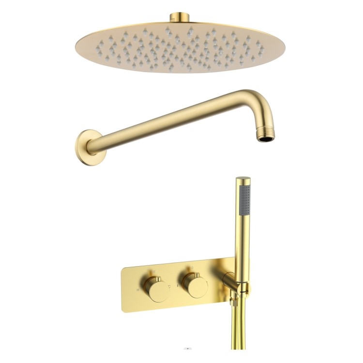 Brushed Brass 2 Outlet Thermostatic Mixer Shower Set With 250mm Wall Mounted Shower Head and Hand Shower - Arissa