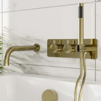 Brushed Brass 2 Outlet Wall Mounted Thermostatic Bath Mixer Shower Set With Hand Shower & Bath Filler Spout - Arissa Brushed Brass 2 Outlet Wall Mounted Thermostatic Bath Mixer Shower Set With Hand Shower & Bath Filler Spout - Arissa