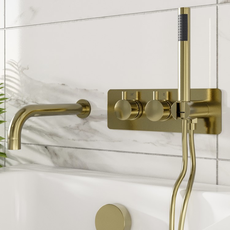 Brushed Brass 2 Outlet Wall Mounted Thermostatic Bath Mixer Shower Set With Hand Shower & Bath Filler Spout - Arissa