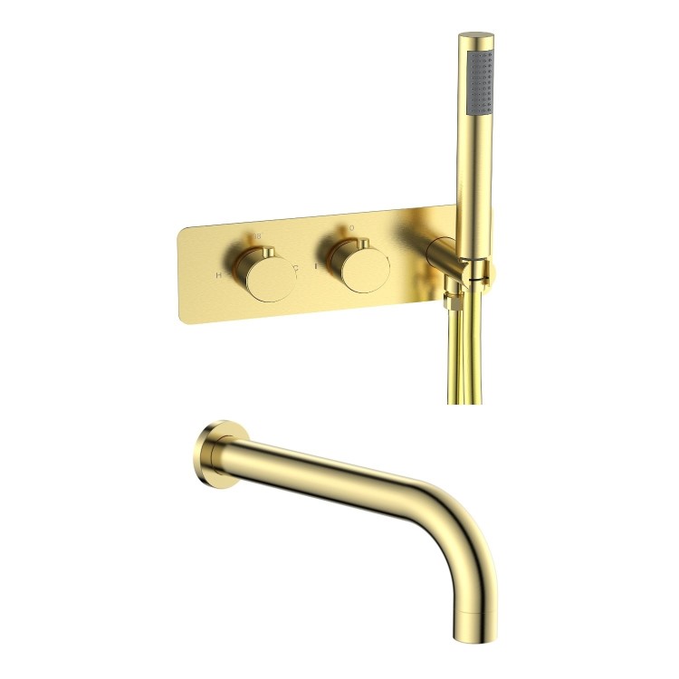 Brushed Brass 2 Outlet Wall Mounted Thermostatic Bath Mixer Shower Set With Hand Shower & Bath Filler Spout - Arissa