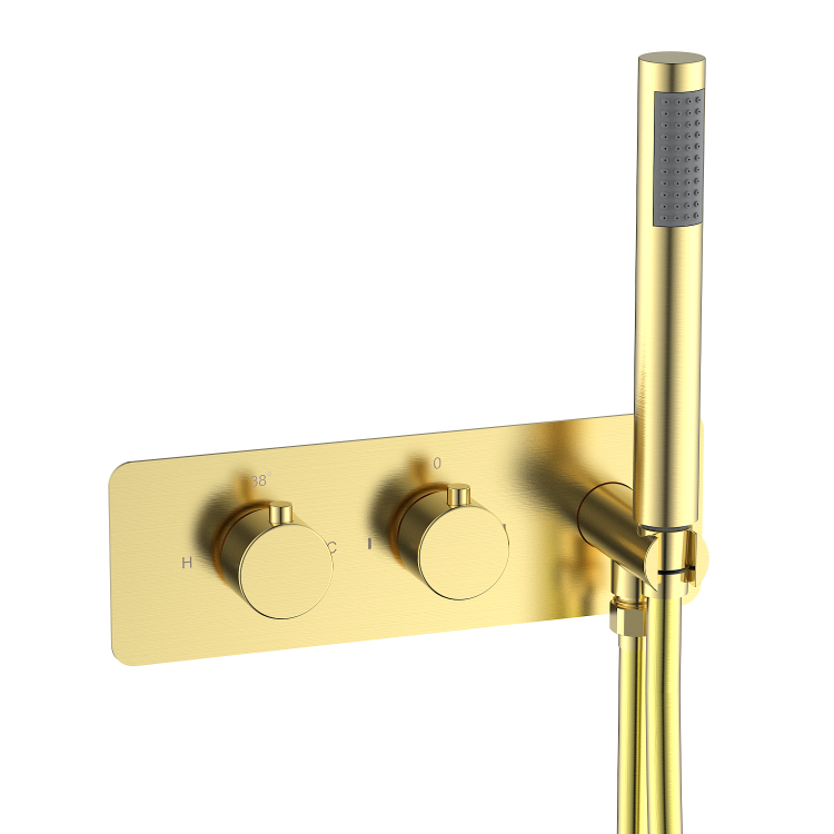 Brushed Brass 2 Outlet Thermostatic Mixer Shower Set With 250mm Wall Mounted Shower Head and Hand Shower - Arissa