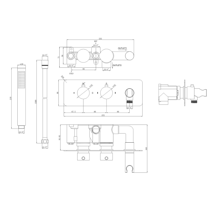 Brushed Brass 2 Outlet Thermostatic Mixer Shower Set With 250mm Wall Mounted Shower Head and Hand Shower - Arissa