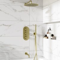 Brushed Brass Triple Outlet Wall Mounted Thermostatic Mixer Shower Set With Hand Shower and Bath Filler Spout - Arissa