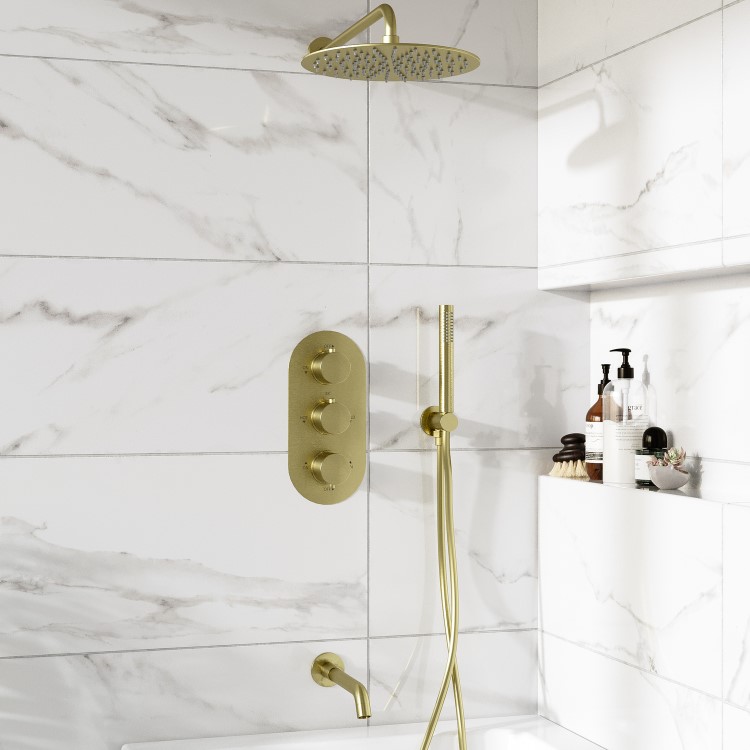 Brushed Brass Triple Outlet Wall Mounted Thermostatic Mixer Shower Set With Hand Shower and Bath Filler Spout - Arissa