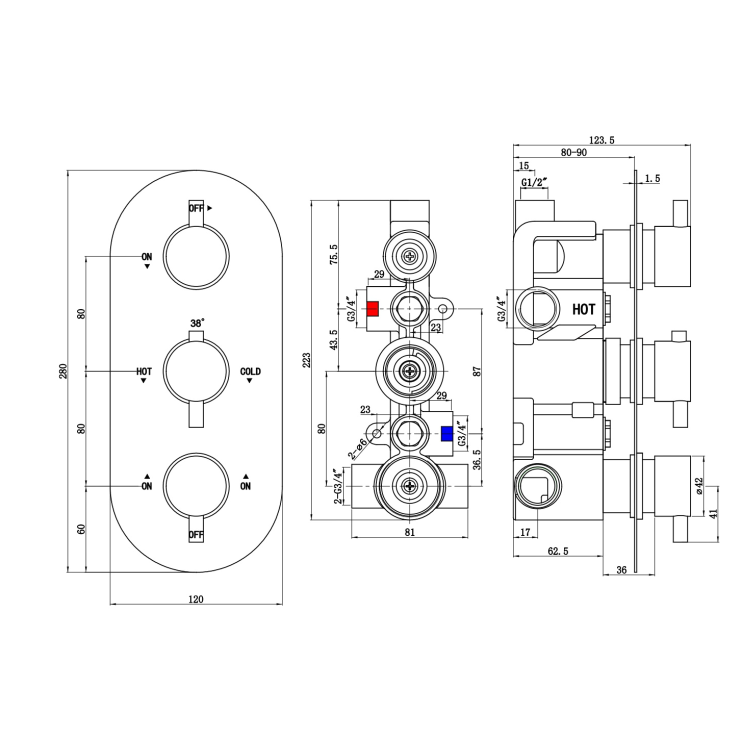 Brushed Brass Triple Outlet Wall Mounted Thermostatic Mixer Shower Set With Hand Shower and Bath Filler Spout - Arissa