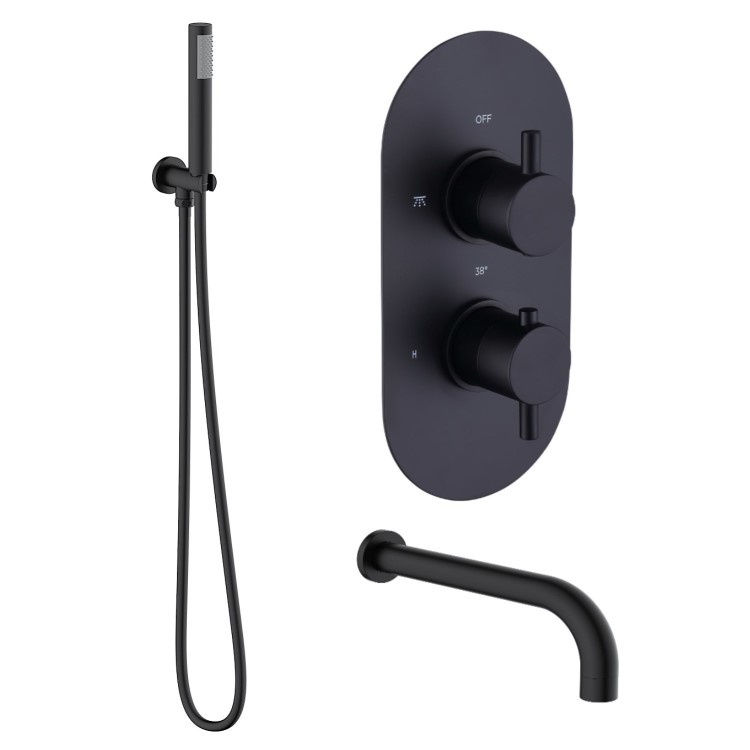 Black 2 Outlet Thermostatic Bath Mixer Shower Set With Hand Shower and Bath Filler Spout - Arissa