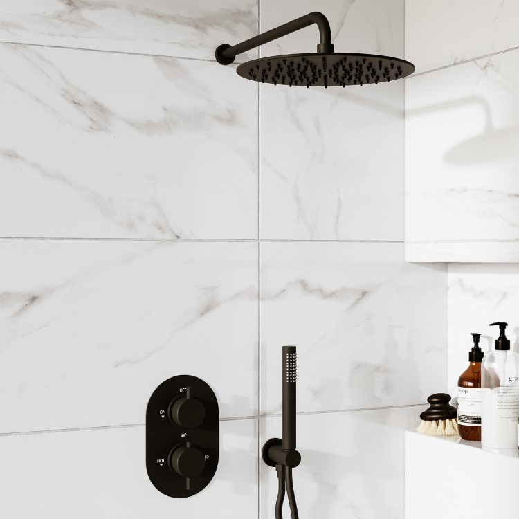 Matt Black 2 Outlet Wall Mounted Thermostatic Mixer Shower Set With Hose - Arissa
