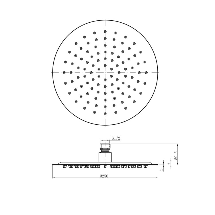 Black 250mm Slim Round Shower Head and Wall Arm - Arissa