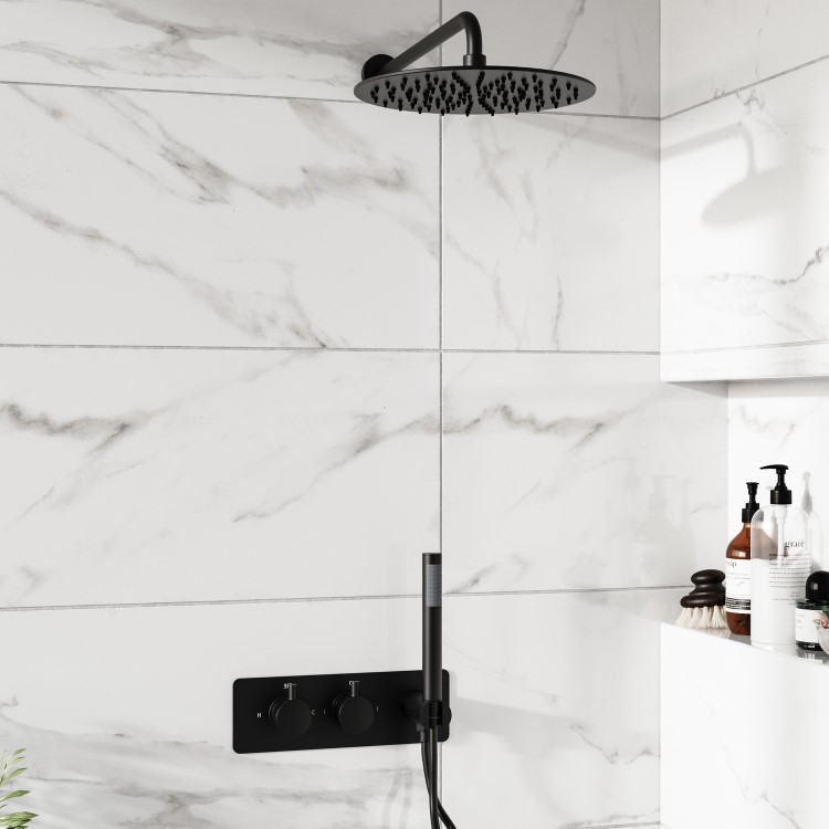 Black 2 Outlet Thermostatic Mixer Shower Set With 250mm Wall Mounted Shower Head and Hand Shower - Arissa