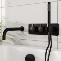 Black 2 Outlet Thermostatic Bath Mixer Shower Set With Hand Shower and Bath Filler Spout - Arissa