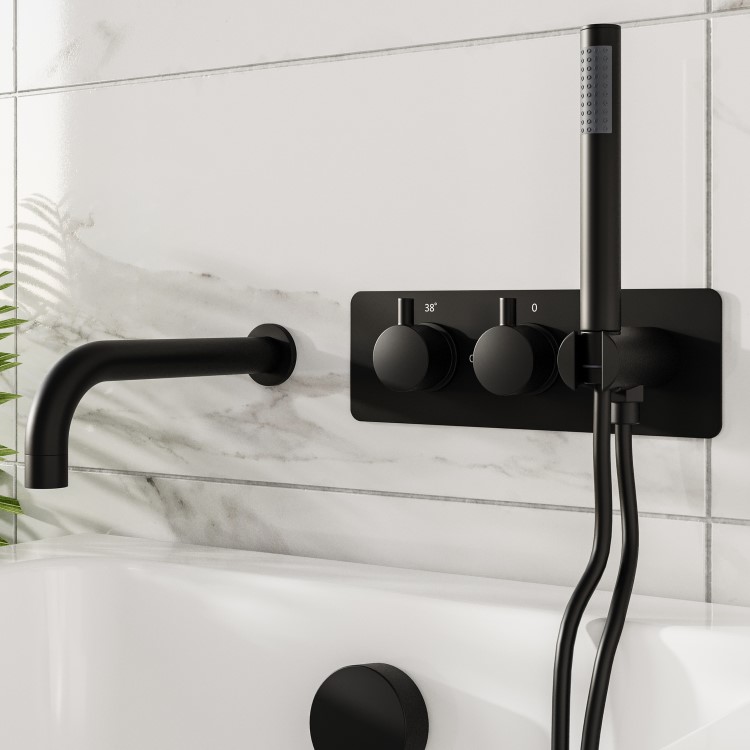 Black 2 Outlet Thermostatic Bath Mixer Shower Set With Hand Shower and Bath Filler Spout - Arissa