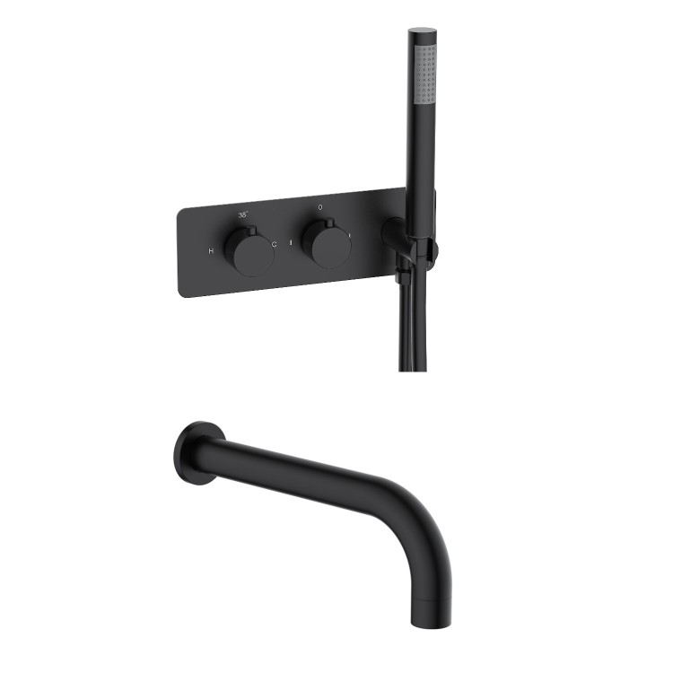 Black 2 Outlet Thermostatic Bath Mixer Shower Set With Hand Shower and Bath Filler Spout - Arissa