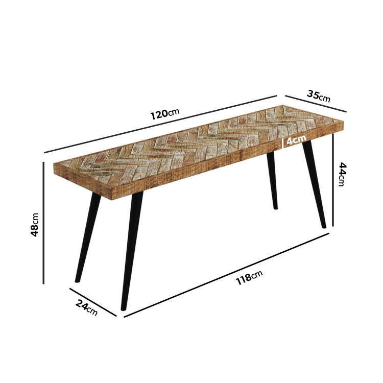 Large Solid Wood Herringbone Hallway Bench - Arno