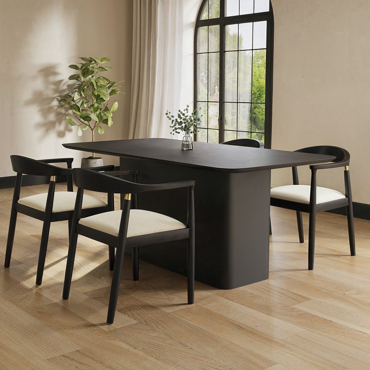Black Wooden Rectangular Dining Table Set with 4 Brass Detail Black Curved Chairs - Ari