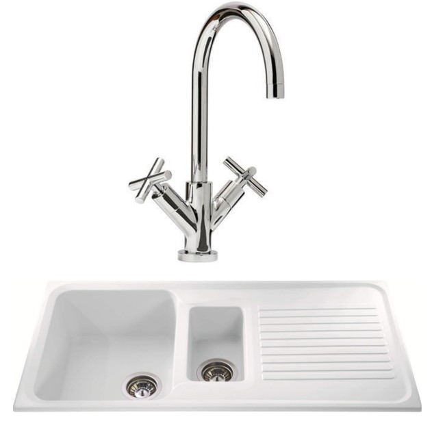 White Composite Sink & Twin Lever Tap Pack 