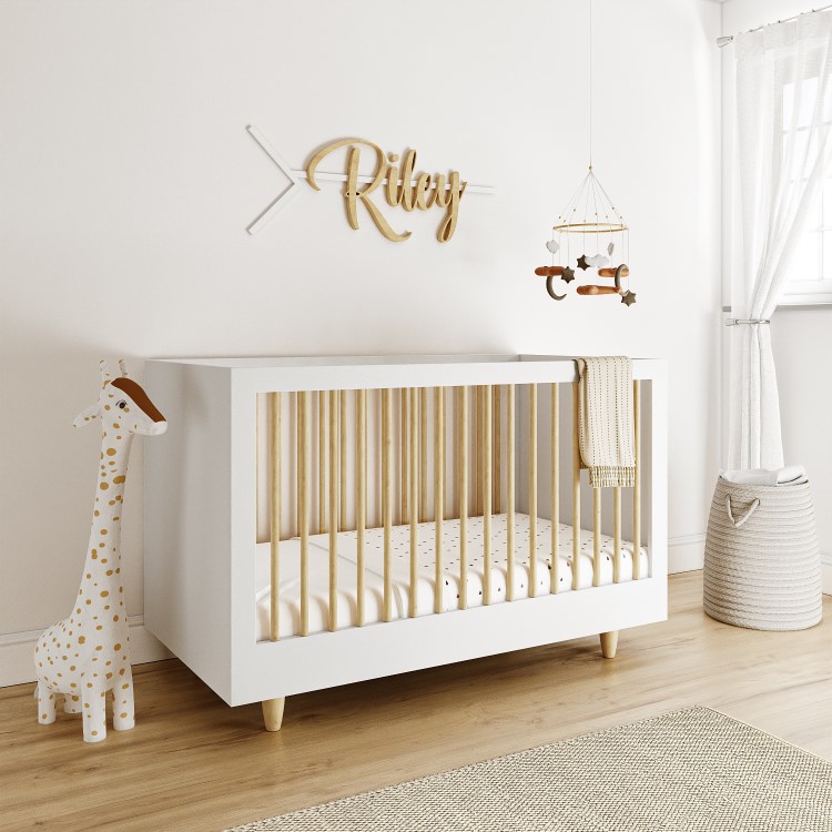 White and Wood Nursery Furniture 2-Piece Set including Cot Bed and Changing Table - Astelle