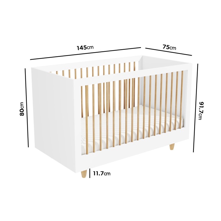 White and Wood Nursery Furniture 2-Piece Set including Cot Bed and Changing Table - Astelle